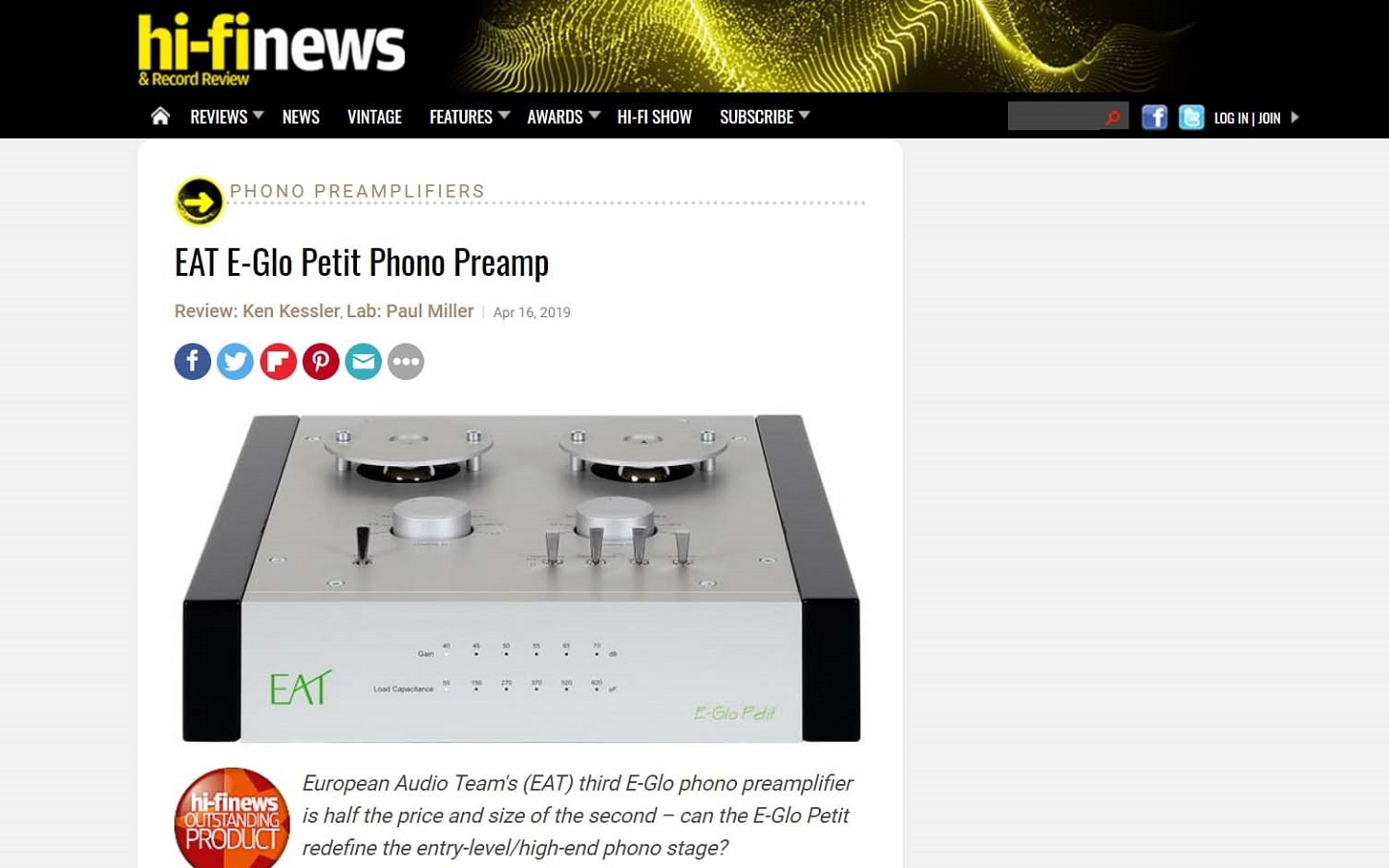 E.A.T. E-Glo Petit outstanding product by Hi-Fi News